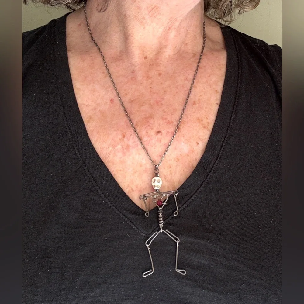 Handmade Skeleton Necklace “Bone Head” Sterling Silver & Copper with Bone Bead - Picture 4 of 9